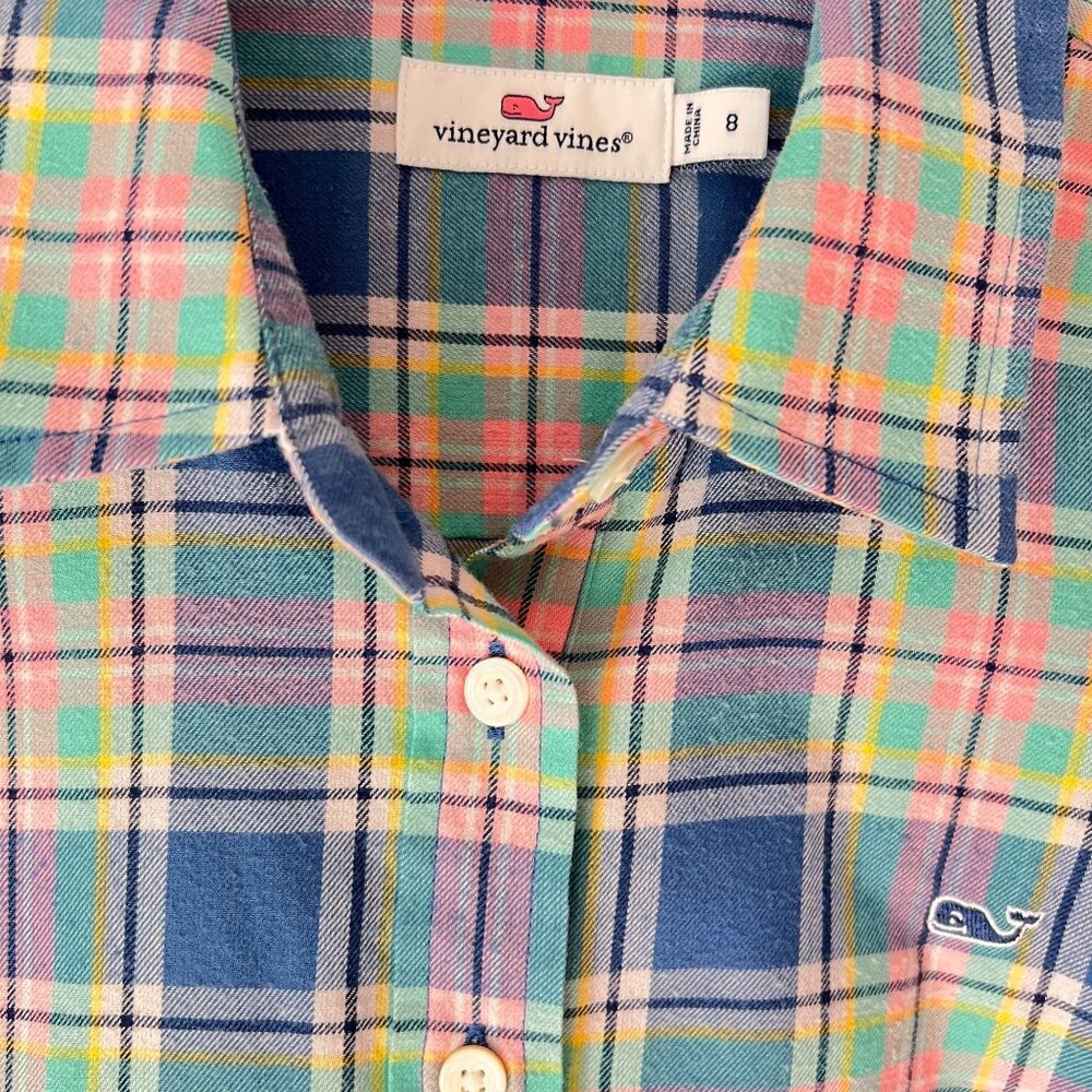 Vineyard Vines Shirt Womens Plaid Adj Long Sleeve Sz 8 Tunic Preppy Logo - Picture 2 of 13